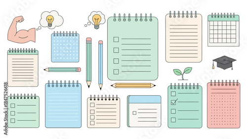 Colorful flat lay of various stationery items including notebooks, pencils, calendar, and graduation cap, celebrating happy new year 2026 with educational and productivity elements on a