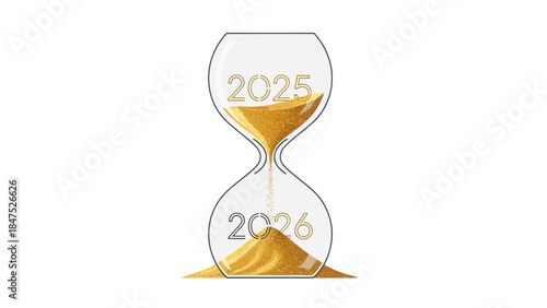 Illustration of an hourglass with sand flowing from 2025 to 2026 on a clean white background, symbolizing happy new year 2026.