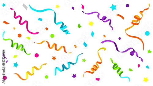 Colorful confetti and ribbons scattered on a white background, conveying a joyful and celebratory atmosphere for happy new year 2026.