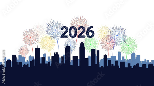 Flat illustration of a city skyline celebrating happy new year 2026 with fireworks exploding in colorful bursts against a white background.