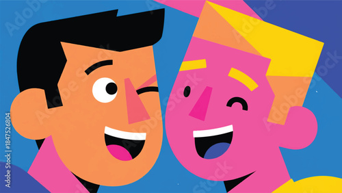 Illustration Of Close-Up Of Two Faces Sharing A Moment Of Intense, Shared Amusement (An Inside Joke) Vector Design Template