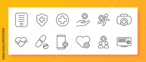 Healthcare set icon. Heart, pill, cross, shield, hand, doctor, medicine, bag, report, mobile, patient, treatment, health, service, support, care, protection, clinic, emergency, prevention