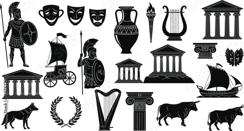 Ancient Greece and Rome Civilization Black Silhouettes Set Including Pantheon Temple, Trojan Warriors, Comedy and Tragedy Masks, Lyre Instrument, and Bull Animals.