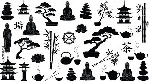 Asian Zen Traditional Black Silhouettes Set Including Buddha Statues, Bamboo Trees, Bonsai Plants, Pagoda Buildings, Teapots, and Balancing 