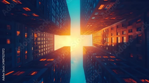 Futuristic Cityscape with Glowing Light Between Skyscrapers at Sunset.