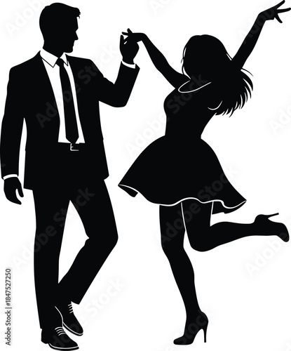 Black silhouette vector of a joyful couple dancing, featuring a man in a suit and a woman in a party dress, symbolizing celebration, elegance, and fun isolated on white.