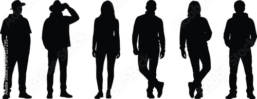 Black silhouette vector set of diverse young adults standing, including men and women in various poses and casual outfits, representing youth, diversity, and group unity on white.