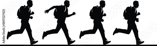 Black silhouette vector set of five young men standing in various casual poses, featuring diverse fashion and body language, representing modern youth culture isolated on white background.