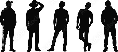 Black silhouette vector set of six young adults standing in various casual poses, including men and a woman, representing urban lifestyle, modern youth, and diverse fashion on white.