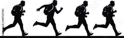 Black silhouette vector set of four men running with backpacks, illustrating dynamic movement, adventure, travel, and fitness isolated on a clean white background for design use.