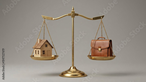 A perfect equilibrium: miniature house and briefcase balanced on a golden scale symbolizing work-life balance