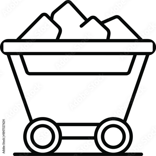 Black and white outline icon of a mining cart filled with rocks trolley wagon