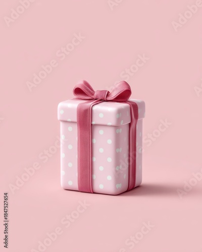 Minimalist vertical gift box adorned with a heart ribbon against a soft pink backdrop. Valentine's Day