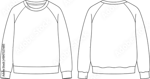 Classic crew neck raglan sleeve sweatshirt flat vector template fashion sketch illustration with ribbed cuffs and hem technical drawing for apparel design.Classic 