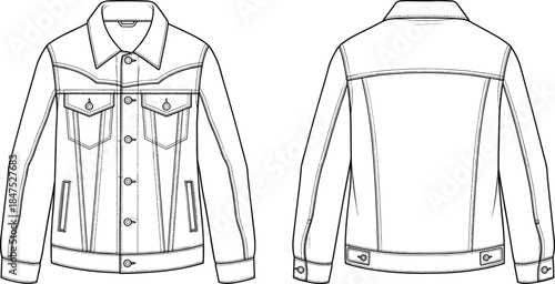 Classic Denim Trucker Jacket Flat Sketch, Western Style Clothing Technical Fashion Drawing, Vector Template with Patch Pockets.