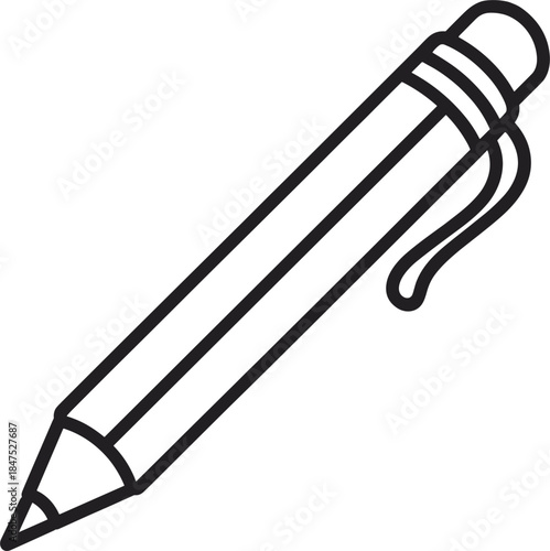 Black and white outline icon of a pencil with an eraser and clip writing drawing