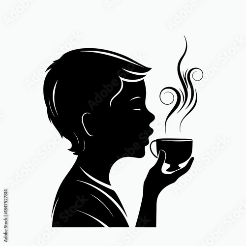 Boy blowing on hot tea silhouette with steam on white background