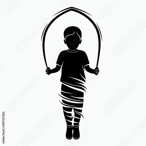 Boy jumping rope silhouette in motion on white background