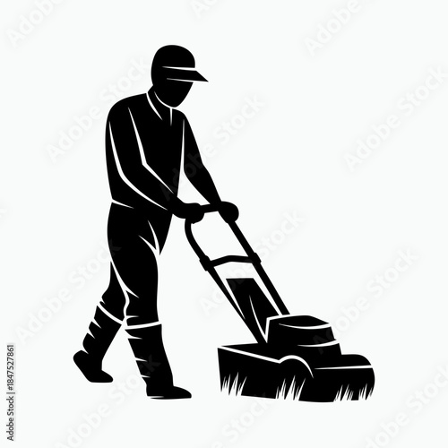 Man mowing the lawn silhouette with a lawnmower on white background