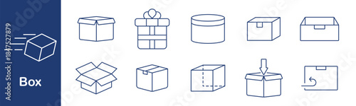 Box set icon. Closed, open, gift, round, storage, shipping, delivery, cardboard, container, return, movement, shape, parcel, organize, send, unpack.