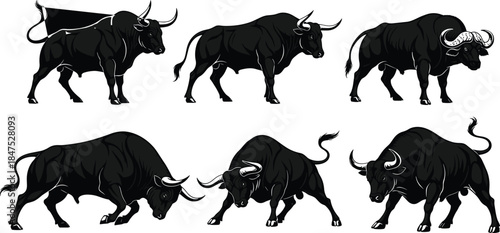 Collection of Powerful Bull Silhouettes Vector Illustration Set, Angry and Charging Poses, Fierce Animal Design, Rodeo and Taurus Symbol, Black and White