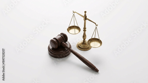 Wooden gavel resting next to the brass scale of justice, representing law and fairness