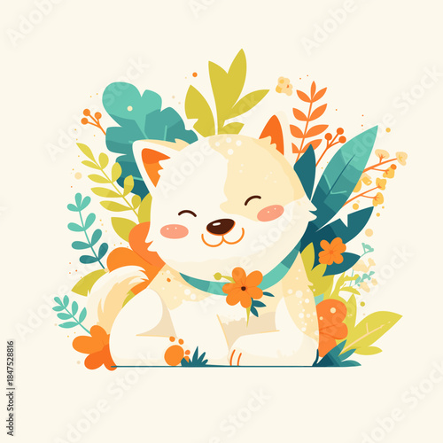 Adorable White Puppy Surrounded by Vibrant Green and Orange Foliage.