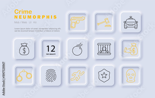 Crime set icon. Thin outlined icons show gun, police car, jail, gavel, money bag, bomb, handcuffs, fingerprint, badge, thief mask, criminal trace, and escape figure.