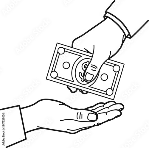 Hand giving money to another hand in line art style receiving payment