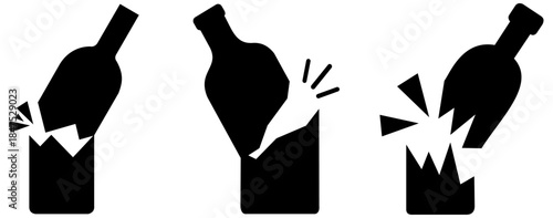 Fragile icon decrypted by broken bottle in black solid style. Broken symbol isolated on white background