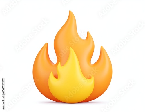 Animated 3D rendering of flames, bright orange and yellow, on white backdrop