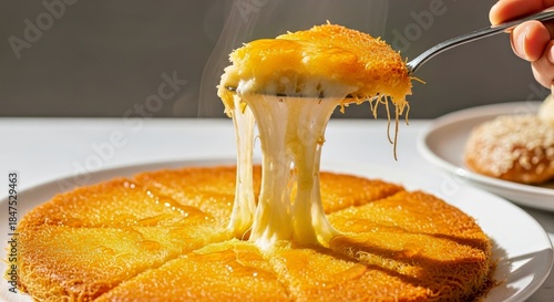 Vibrant Knafeh Slice Lifted Spoon Melted Cheese Syrup Sweet Indulgent Dessert