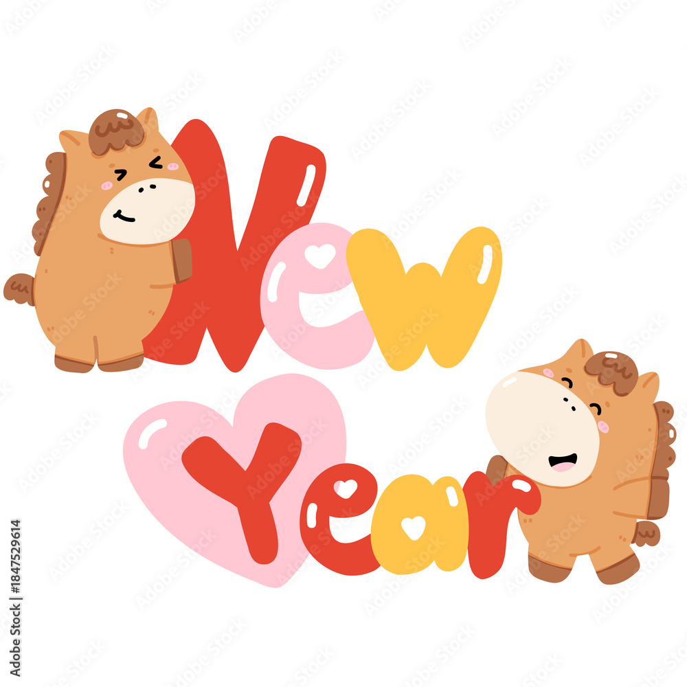 Fototapeta premium Happy New Year 2026 Typography with Cute Horse Cartoon Characters