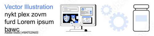 Cybersecurity, digital identity, healthcare technology, data analysis, medical innovation, online safety. A monitor displays shields, data and gears alongside a medicine vial. Cybersecurity