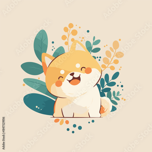 Happy Shiba Inu Puppy with Green and Yellow Leaves.