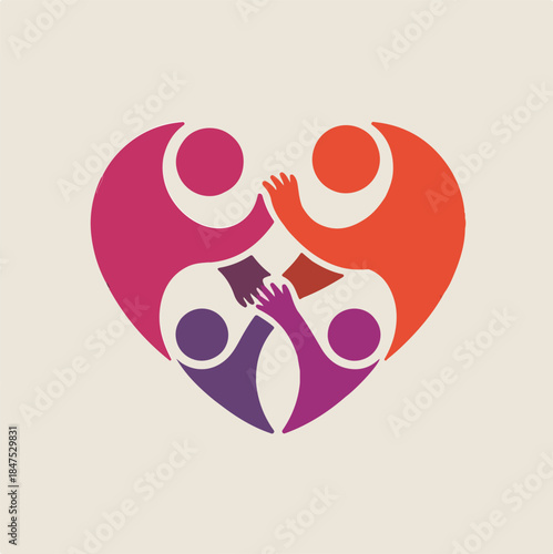 Abstract family care logo in heart shape showing people holding hands. Modern flat vector icon symbolizing love, unity, support, community, parenting, teamwork, and social care. Suitable for branding,