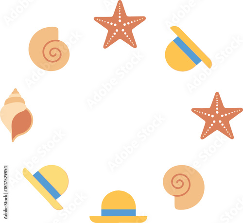 Beach Themed Decorative Circle of Seashells and Sun Hats