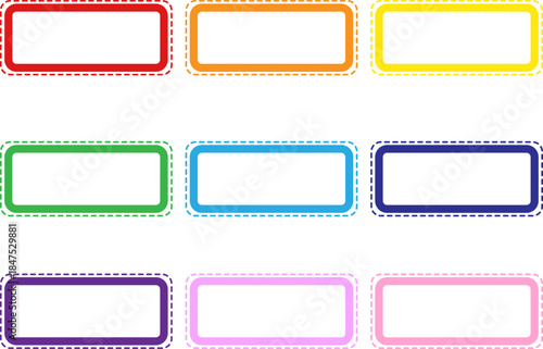 Set of colorful rounded rectangle label frames with dashed borders on black background.
Perfect for name tags, stickers, UI elements, kids design, school materials, signage and digital templates.