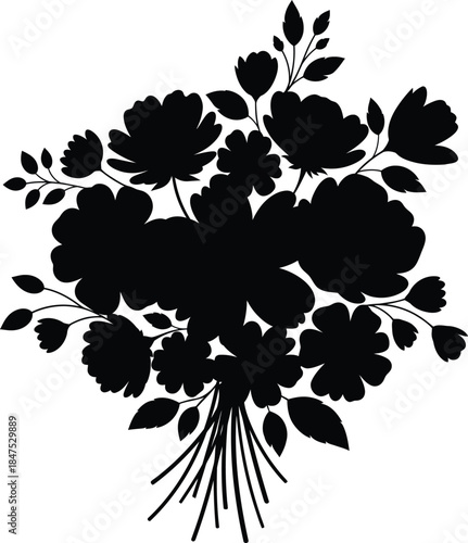 Black silhouette of a dense bouquet of flowers and leaves tied with stems on a white background floral