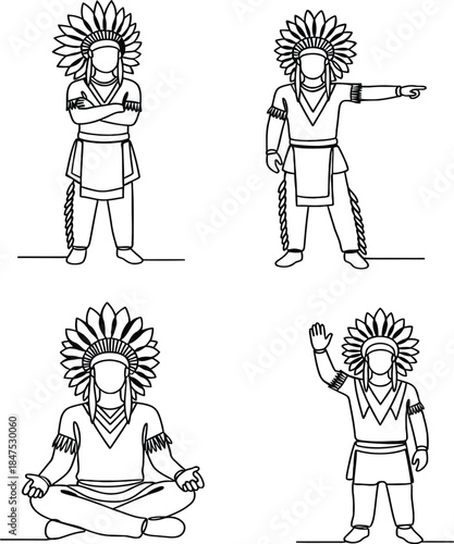 Four distinct line of Native American figures in traditional headdresses and attire Keywords: Native