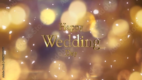 Wallpaper Mural 結婚式の背景　キラキラ輝くキャンドルの光の丸ボケにHappy Wedding Dayの3dテキスト　光を反射する文字の表面　舞い散る花びらフラワーシャワー　ウエディングパーティー・オープニング・タイトル・お祝いの背景 Torontodigital.ca