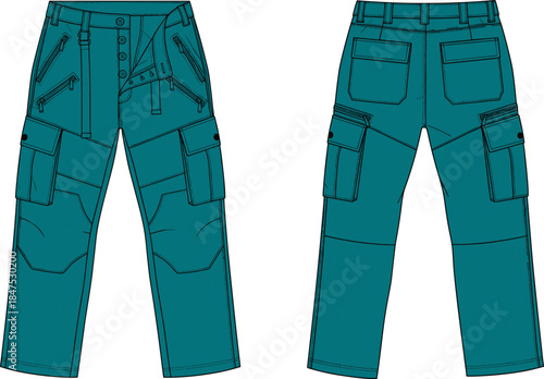 Teal Utility Cargo Pants Technical Flat Sketch Template for Men's Outdoor and Military Inspired Streetwear Design, Multi Pocket and Zipper Details.
