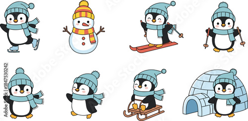 Cute winter penguin cartoon illustration set with snowman, skiing, sledding, ice igloo playful characters for christmas holiday kids design vector sticker clipart nursery art