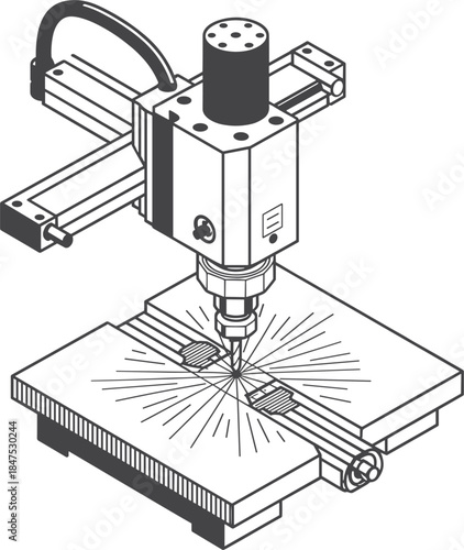 Precision milling machine with laser engraving tool in isometric view industrial manufacturing