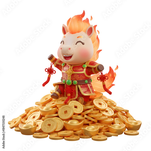 Cute 3D Cartoon Horse Mascot Sitting on Pile of Gold Coins for Chinese Lunar New Year isolated on a transparent background 