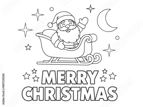 A coloring page featuring Santa Claus in his sleigh with a crescent moon and stars, wishing a Merry Christmas.