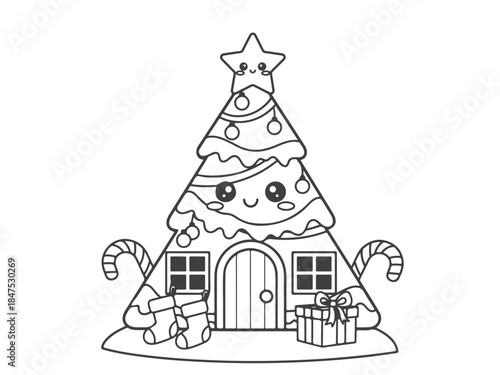 A cute, cartoonish Christmas tree house with a star on top, decorated with ornaments, candy canes, stockings, and presents.