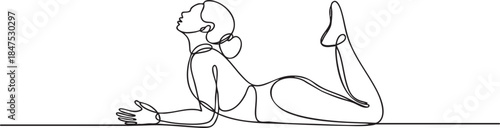 Single continuous line drawing of a person performing a deep hip opening and back bending yoga pose on the ground, minimalist wellness vector illustration