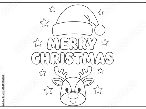 A cute cartoon reindeer wearing a Santa hat with the words "Merry Christmas" written above it, surrounded by stars, perfect for a coloring page.