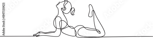 Single continuous line drawing of a person performing a deep hip opening and back bending yoga pose on the ground, minimalist wellness vector illustration
